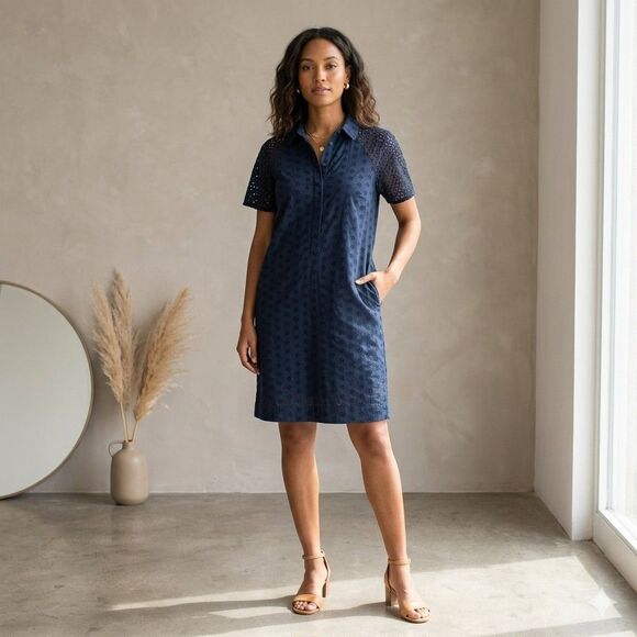 J.CREW Dresses & Skirts - J Crew Navy Blue Eyelet Shirt Lined Dress Pockets SS Sz 8 Nautical Coastal